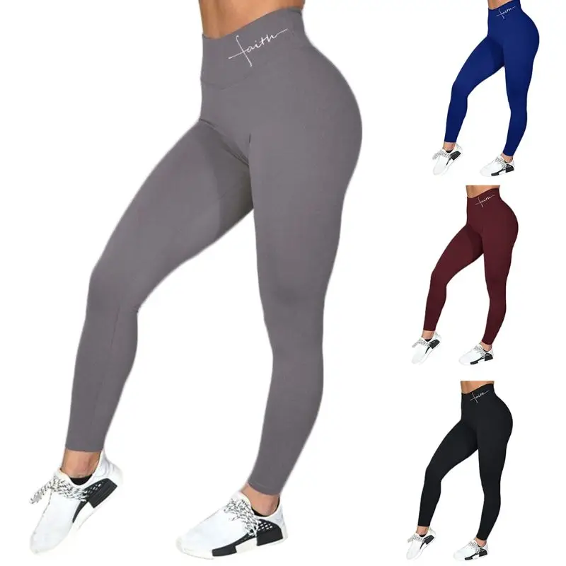 

Women Faith Letter Print Wide Waistband Fitness Sexy Butt Lift High Waist Pants Workout Tummy Control Sport Tights
