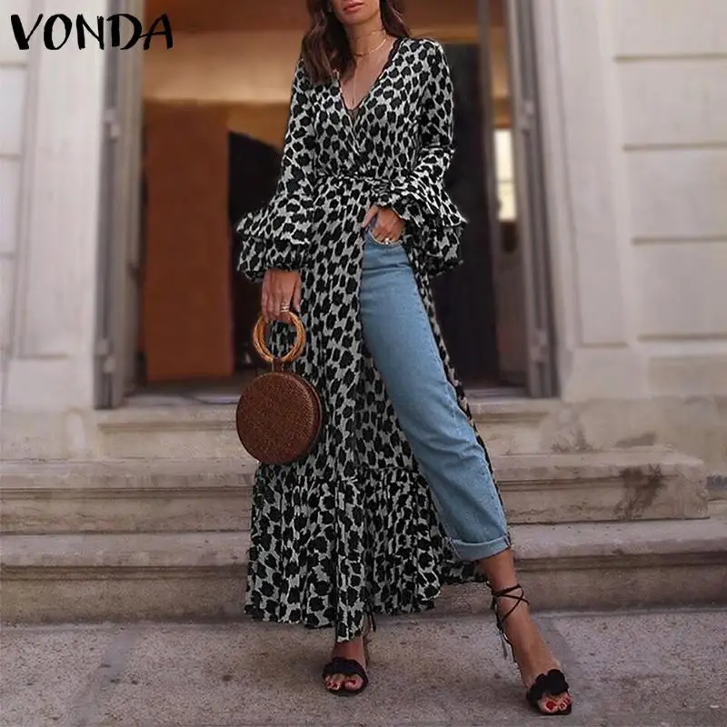 

VONDA Women Leopard Dress Bohemian 2019 Autumn Sexy V Neck Long Sleeve Split Sundress Casual Long Shirt Dress Party Vestido 5XL