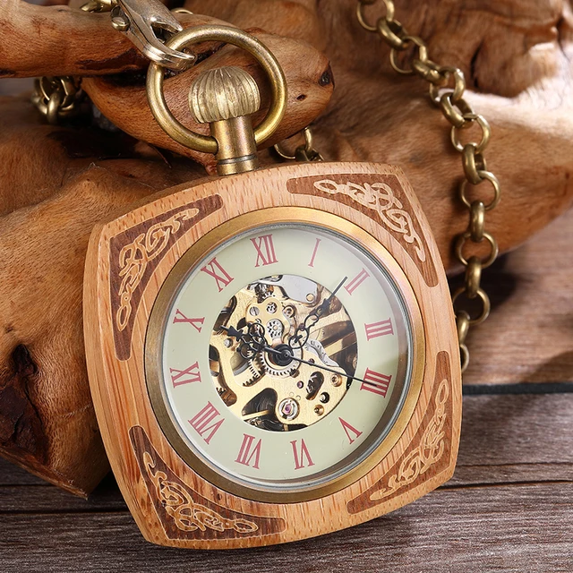 Creativity Wooden Mechanical Pocket Watch Men Women Square Elegant Carving Dial Creativity Wooden Mechanical Pocket Watch Men Women Square Elegant Carving Dial
