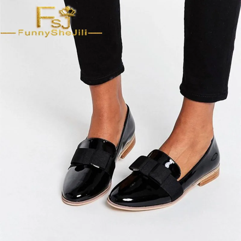 Black Patent Leather Round Toe Bow Flat Loafers for Women Slip-On Spring  Autumn Cross-tied Anniversary Fashion FSJ Sexy Elegant