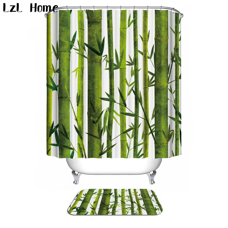 

LzL Home Eco-friendly Moldproof Bathroom Accessories Suit Waterproof Shower Curtain Non-slip Bath Mat Bamboo Forest Home Decor