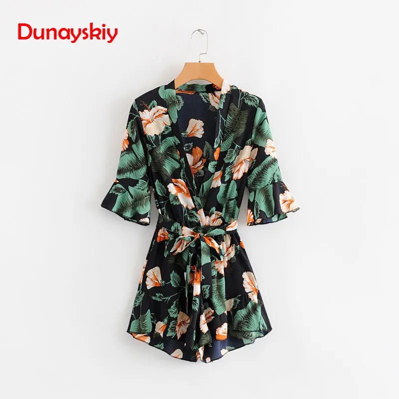 

Flounce Sleeve Floral Print Surplice Playsuits With Belt Women Summer Vocation Three Quarter Floral V Neck Playsuits Female