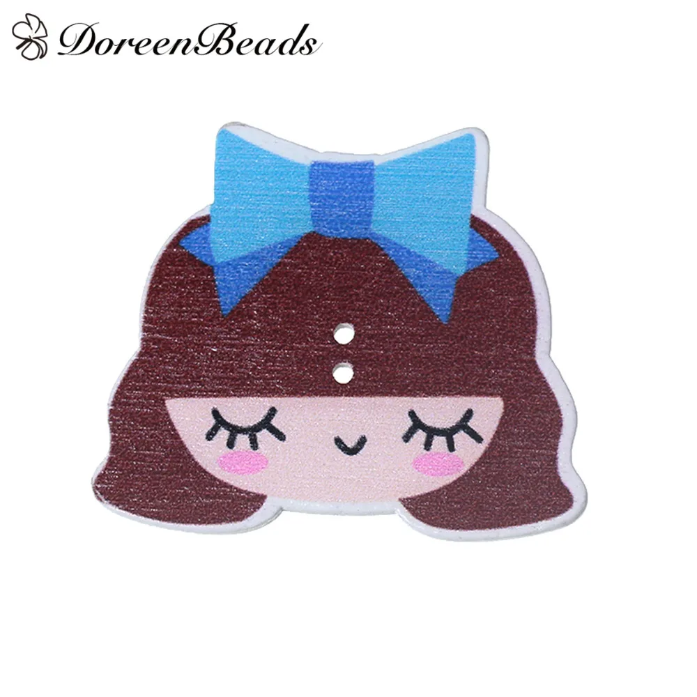 

DoreenBeads Lovely Girl Pattern Buttons Wood Sewing Button Scrapbooking 2 Holes For Clothes DIY Crafts Multicolor 4 PCs