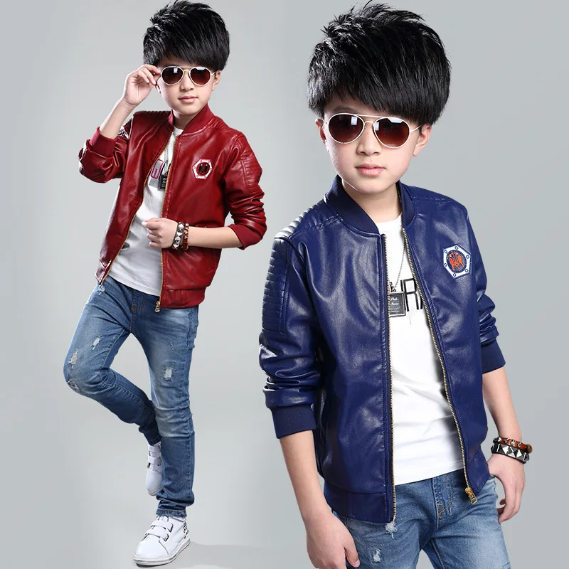 

Baby Boys Leather Jacket Spring and Autumn 2017 Teenage Kids Jackets Black and Red Wine Color Children Korean Wild Pilots Coats