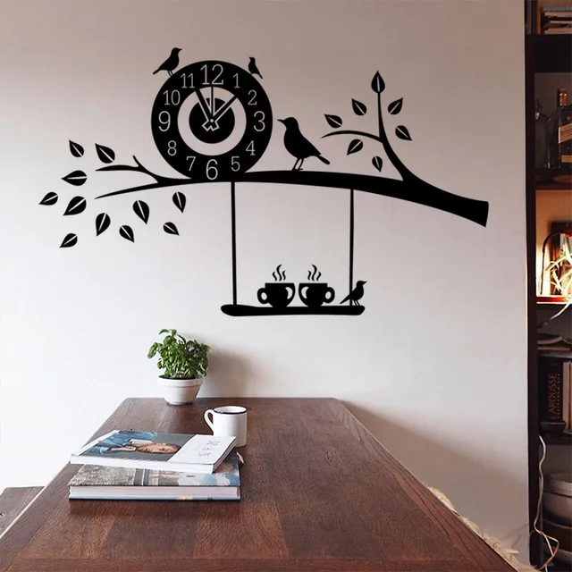 large scale tree birds creative coffee time clock sticker kitchen