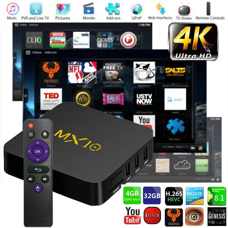 MX10 Android 8,1 пирог 4 + 32 ГБ 4 K Media Player Smart ТВ коробка 64bit 4 ядра UHD Wi-Fi