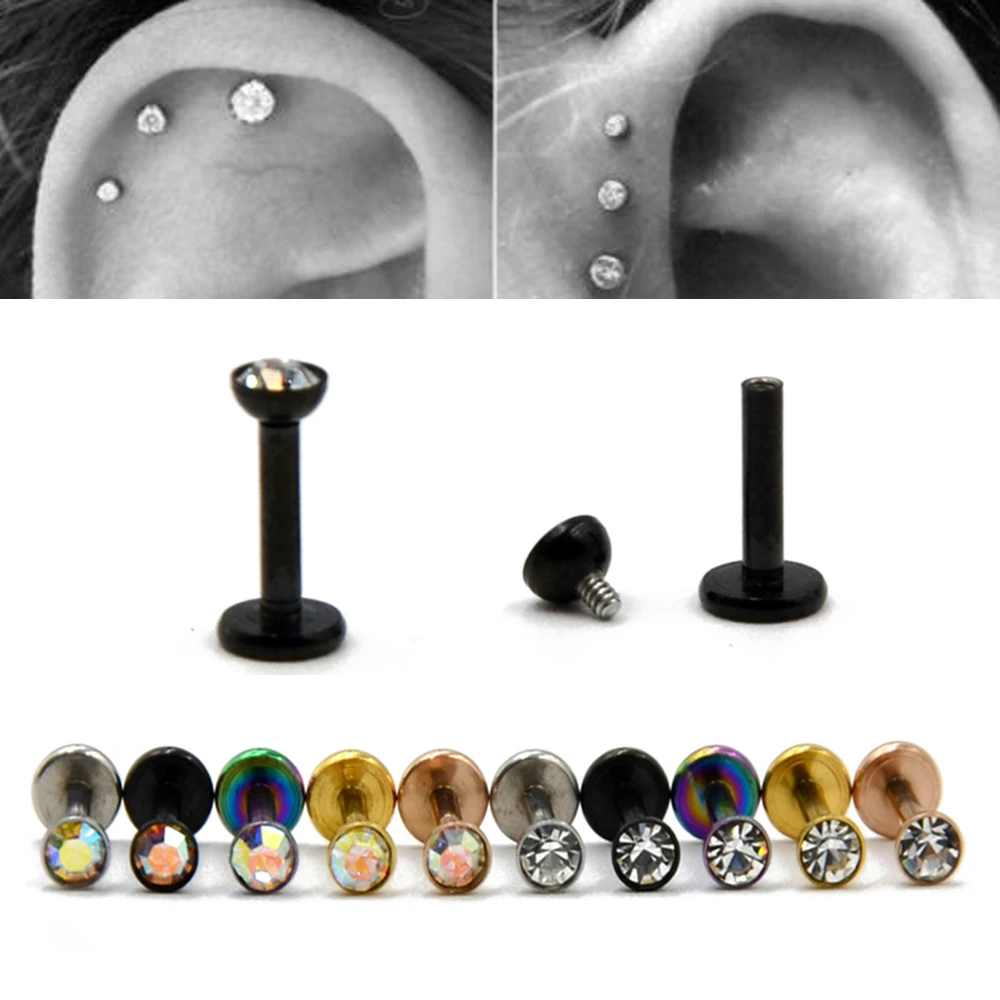 

1Piece Steel Colorful Internally Thread Flat CZ Gem Ear Cartilage Tragus Helix Piercing Labret Lip Studs Ring 16g Body Jewelry