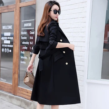 

2020 Spring Autumn Long Trench Coats Women Plus Size Fashion OL Double-breasted Black Slim Windbreaker Female Overcoats A674