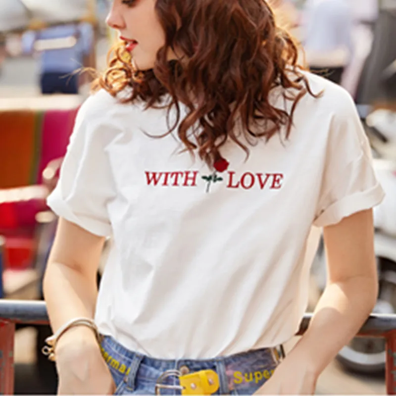 Femme 2018 New Summer Letter T-shirt Print Casual Short Sleeve T Shirt Loose White Tops Tee Shirt