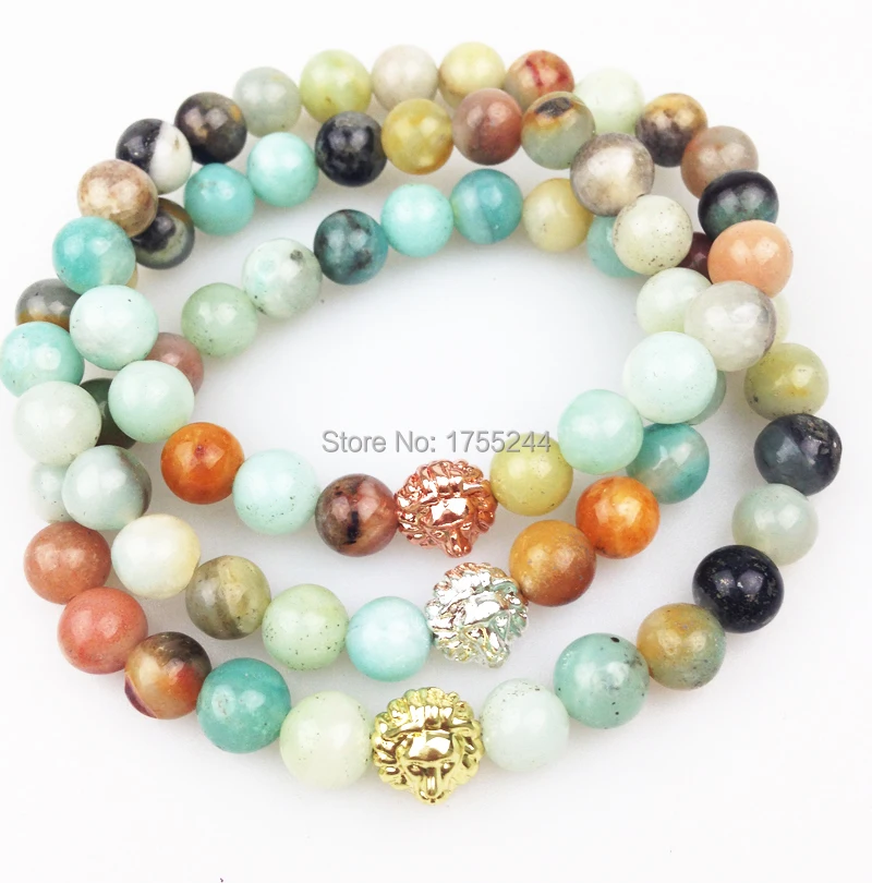 SN0351 Men Beaded Bracelet Fashion Amazonite Stone Bracelet With Lion Head gold rose gold silver plated Natural Stone Jewelry.JPG