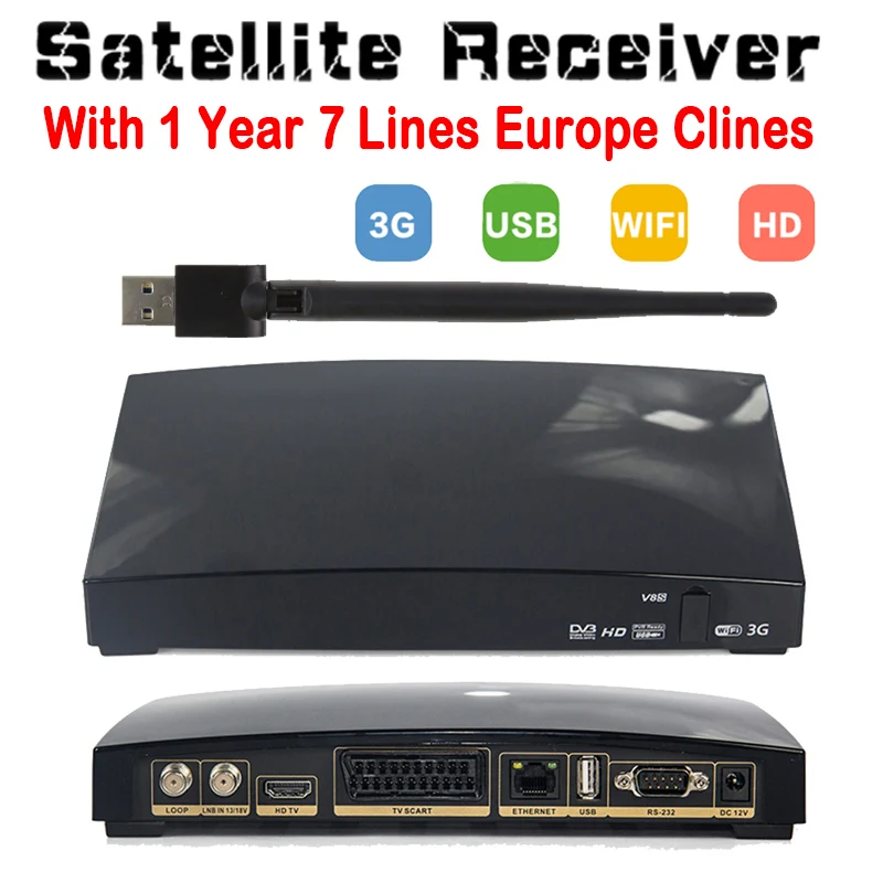 

1 Year Europe 7 code Server V8S HD Satellite Receiver DVB-S2 Decode Full 1080P Spain Germany With USB Wifi DVB S2 Receptor