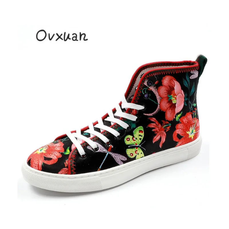 

2019 Hip Hop Designer Street Male Sneakers Flower Butterfly Printed Leather High Top Social Casual Flats Loafers Shoes for men