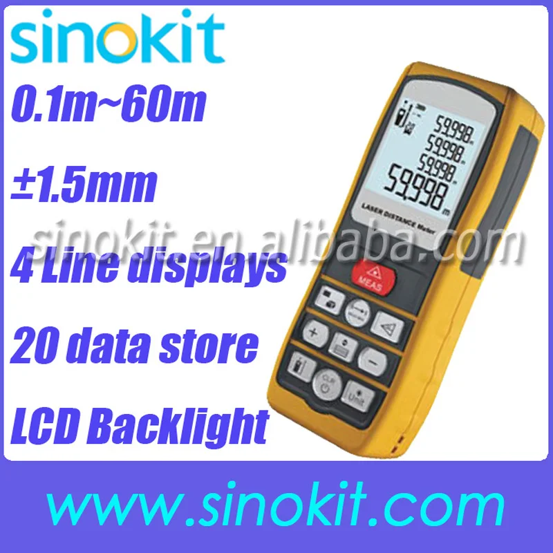 

Professional Handheld Laser Range Finder Distance Meter Area Volume Measure 0.1m~60m (4 in ~197 ft) - SK60D