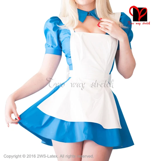 Sexy Blue Rubber dress and white Latex apron Waitress baby doll flares