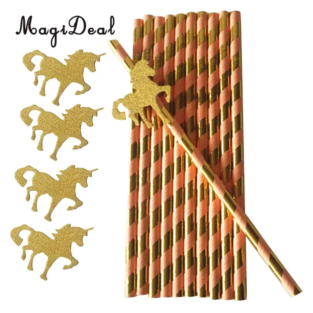 25x Glitter Paper Straws with Gold Glitter Unicorn Cocktail Drinks