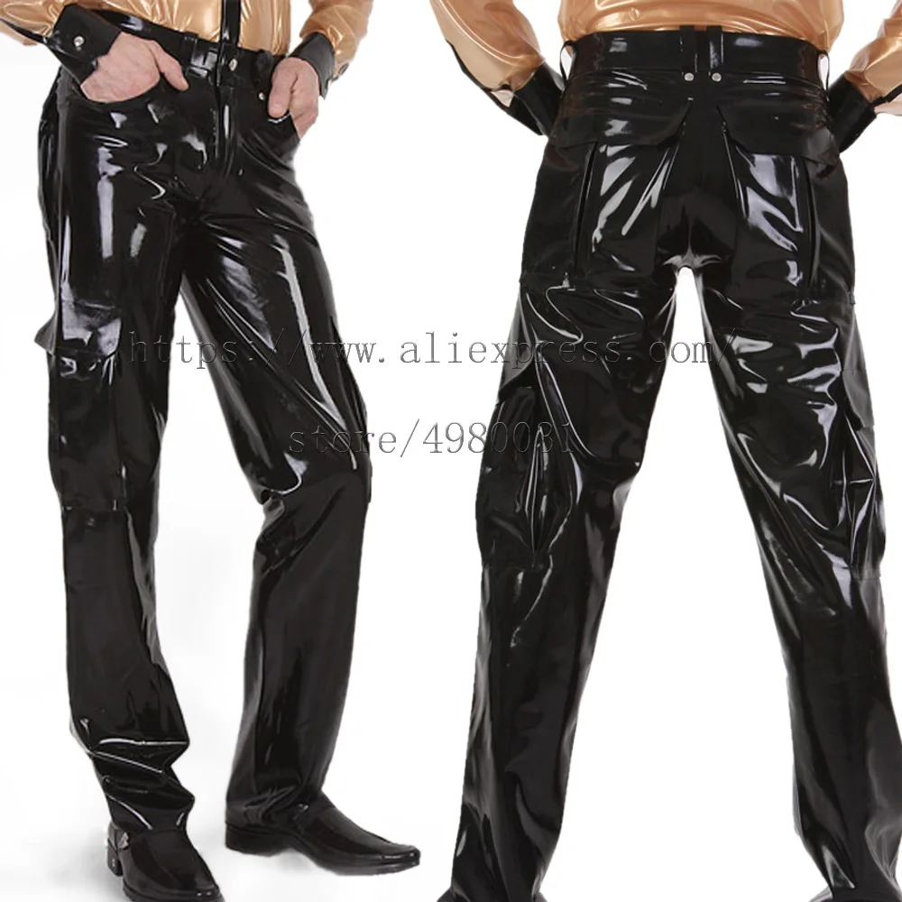 

Safari style cargo latex pants men's latex trouser in solid black color