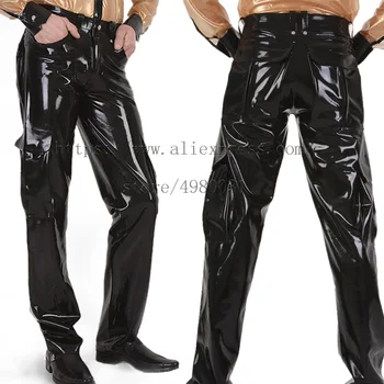 

Safari style cargo latex pants men's latex trouser in solid black color