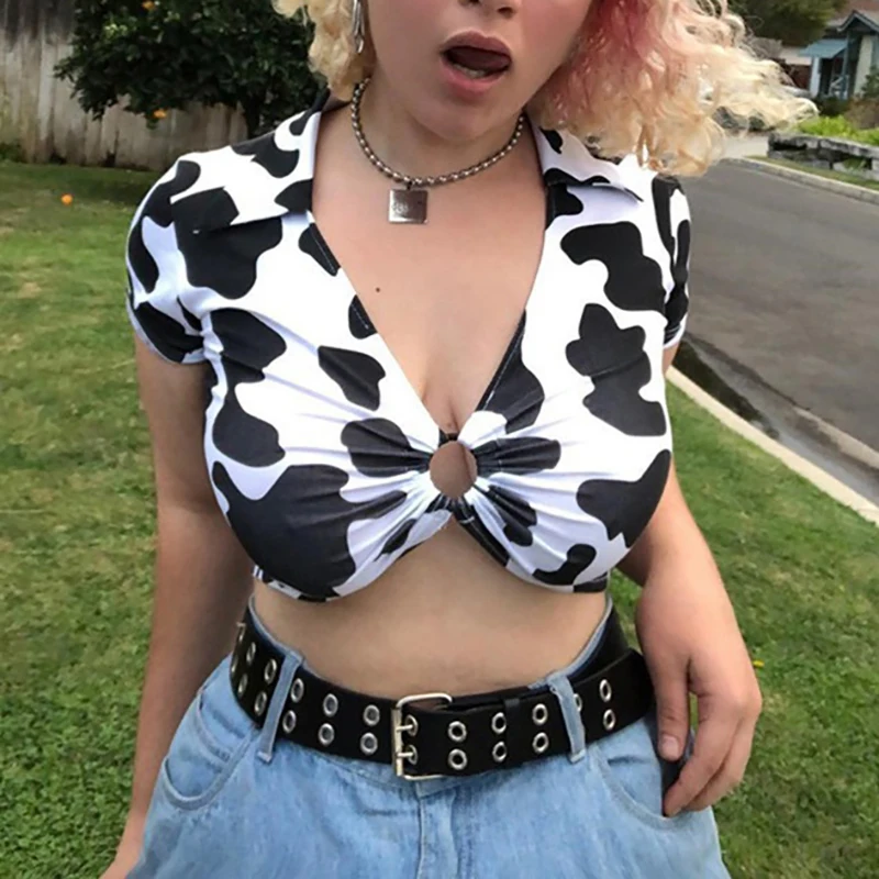 

Short Sleeve Hollow Bare Midriff Tops Club Wear Tees Summer Women Sexy Sexy V-Neck Cow Print T-Shirt 2019 Stripe Crop Tops