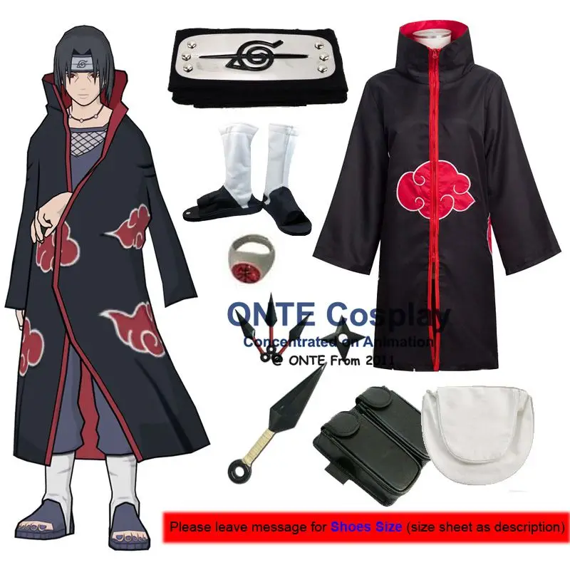 

Japan Anime Naruto Cosplay Costumes Akatsuki Itachi Deidara Tobi Hidan Pein Sasori Cloaks with Weapons + Shoes for Halloween