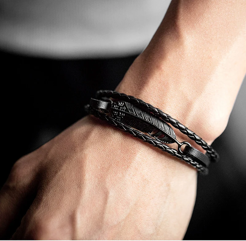 NIUYITID Feather Bracelet Man Leather Alloy Metal Charm Braslet For Men Handmade Friendship Bracelets & Bangles (5)