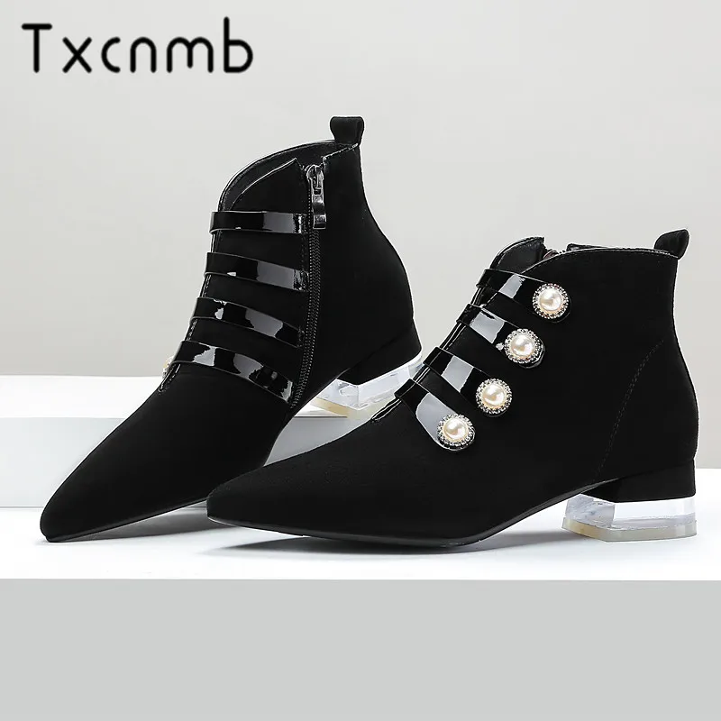 

TXCNMB 2019 Boots Women Ankle Boots for Women Winter Kid Suede Leather Square Heel Shoes Woman Black Zipper Size 41 42 43