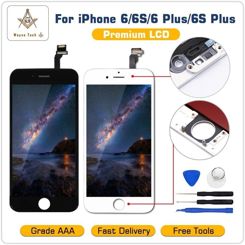 

Free Shipping AAA Quality 100% Good Working LCD Touch Screen Glass Digitizer Display Assembly For iPhone 6 S Plus with tools kit