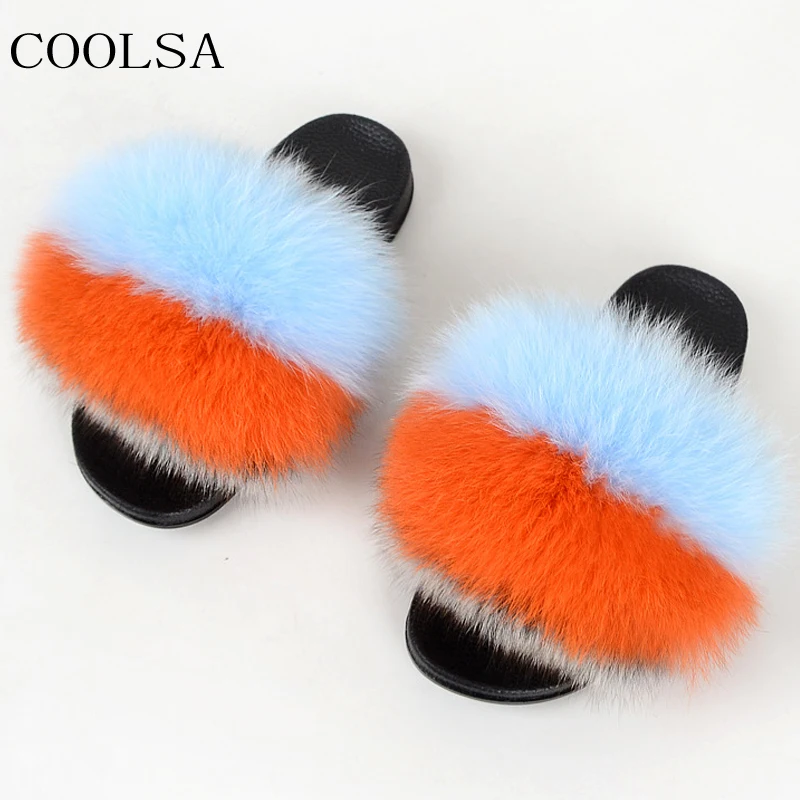 

COOLSA Women's Summer Flat Indoor Slippers Warm Fox Fur Slippers Women Fluffy Plush Slippers Sandals Women Slides Customizable