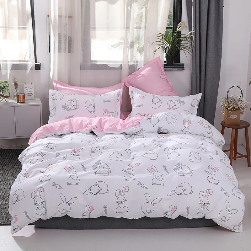 

Cartoon animals Bedding Sets 3/4pcs Big eared rabbit pig Pattern Bed Duvet Cover Bed Sheet Pillowcases white quilt Cover Sets