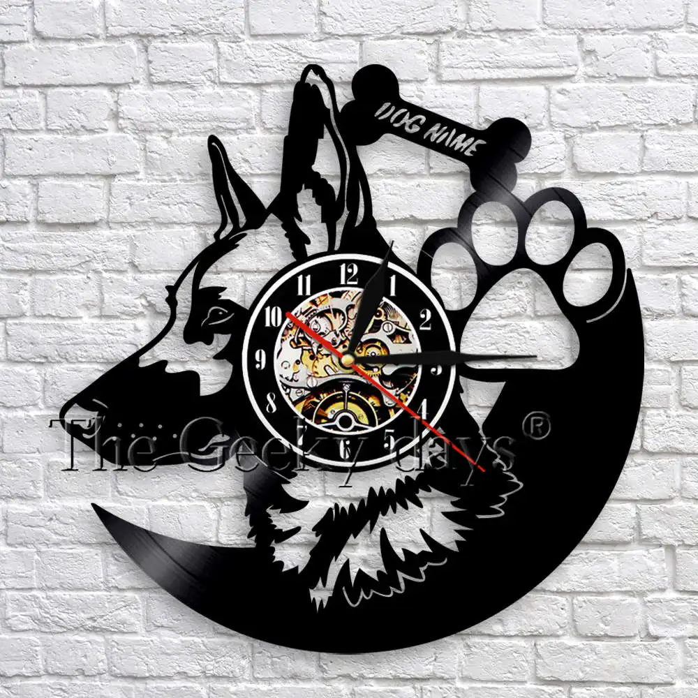 Preise Hund Rasse Deutsch Shepherd Dog Art Wand Dekor Uhr Anpassen Hund Name Vinyl Rekord Wanduhren Moderne Geschenk Für Haustier liebhaber