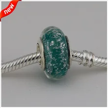 Подходит для Пандора браслеты Ариэль муранского стекла бусины с зеленым люминесцентным стерлингового серебра 925 амулеты