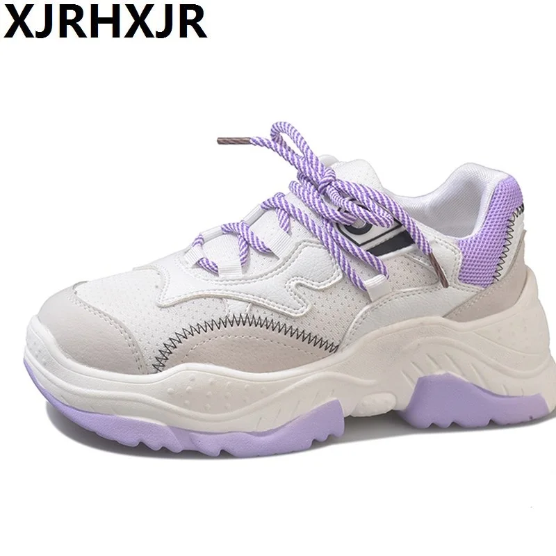 

XJRHXJR 5CM Women Sneakers Lace Up Ulzzang 2018 White Shoes Female Mesh Breathable Casual Shoes Lady Low Cut Sneakers Platform