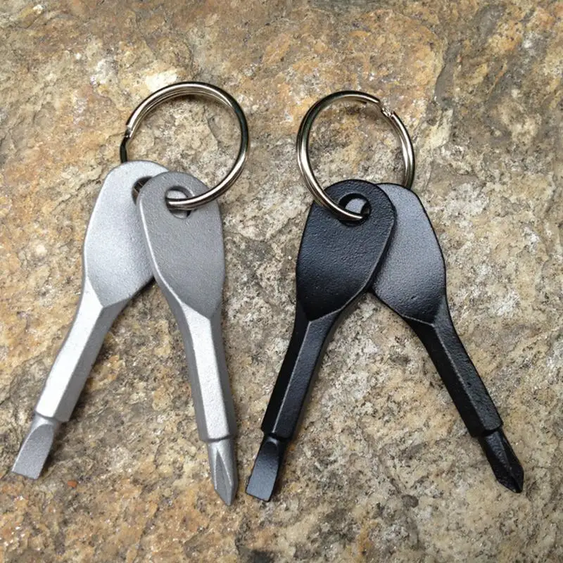 Yosoo Outdoor Multifunctional Pocket Mini Tool Screwdriver Set 2 Key Stainless Steel Keychain Black 