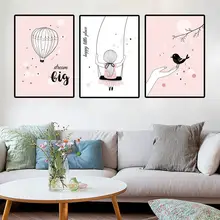 

Pink Cartoon girl balloon bird Poster Watercolor Girls Wall Pictures For Girls Room Print Picture Canvas Painting Poster Decor