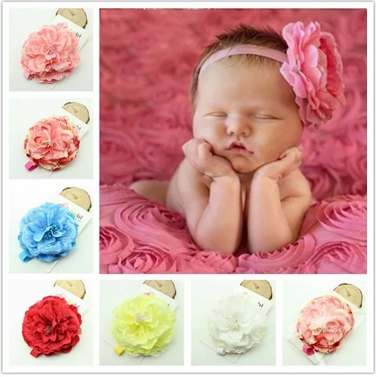 

Pink Baby Headbands Big Flower Headband Lace hairband Infant Children hair accessories Photo Prop 12pcs/lot HB192