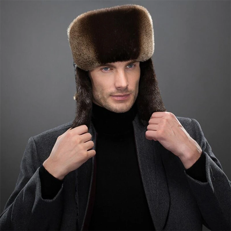 mens aviator hat fur IANLAN Fashion Mens Import Full-pelt Otter Fur Bomber Hats Solid Russian Style Winter Windproof Lutra Fur Earmuffs Hats IL00246 men's bomber hat rabbit fur