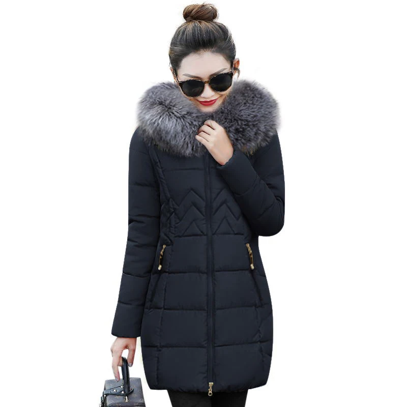 Зимняя женская куртка, новинка, модная Большая Меховая хлопковая стеганая куртка с капюшоном, женская тонкая парка, Женская Стеганая куртка, зимнее пальто для женщин - Цвет: black 3