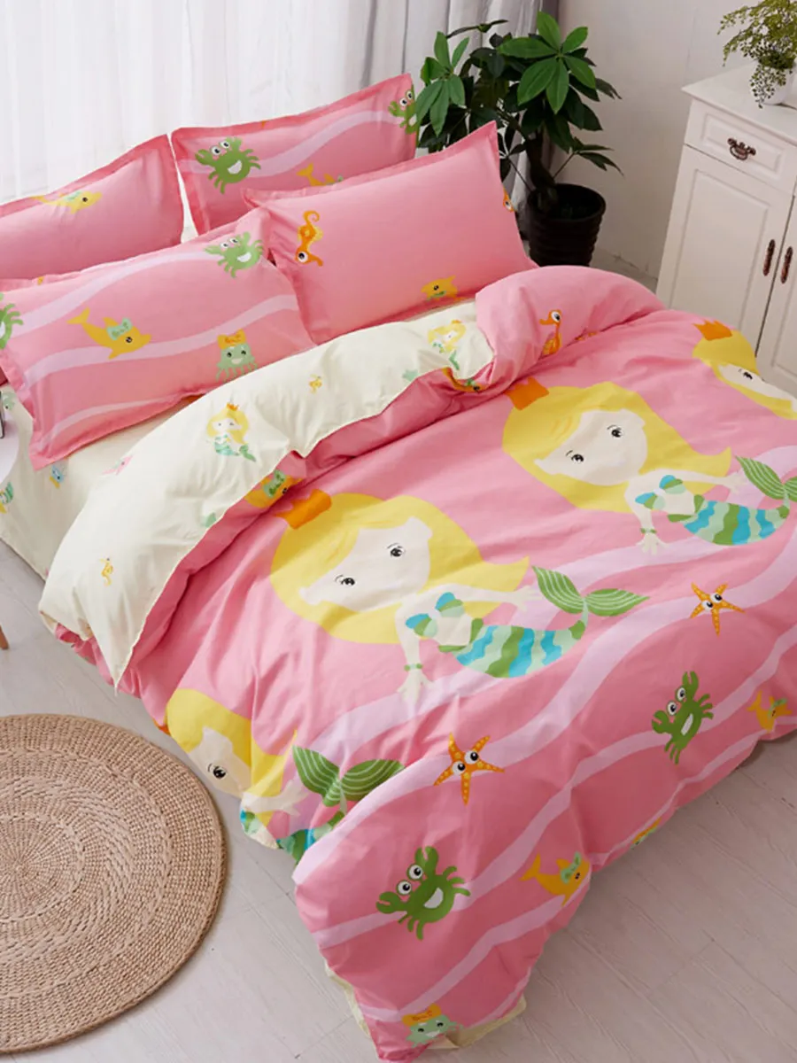 

4Pcs Bedclothes Set Cartoon Sweet Mermaids Pattern Comfortable Bedsheet Set
