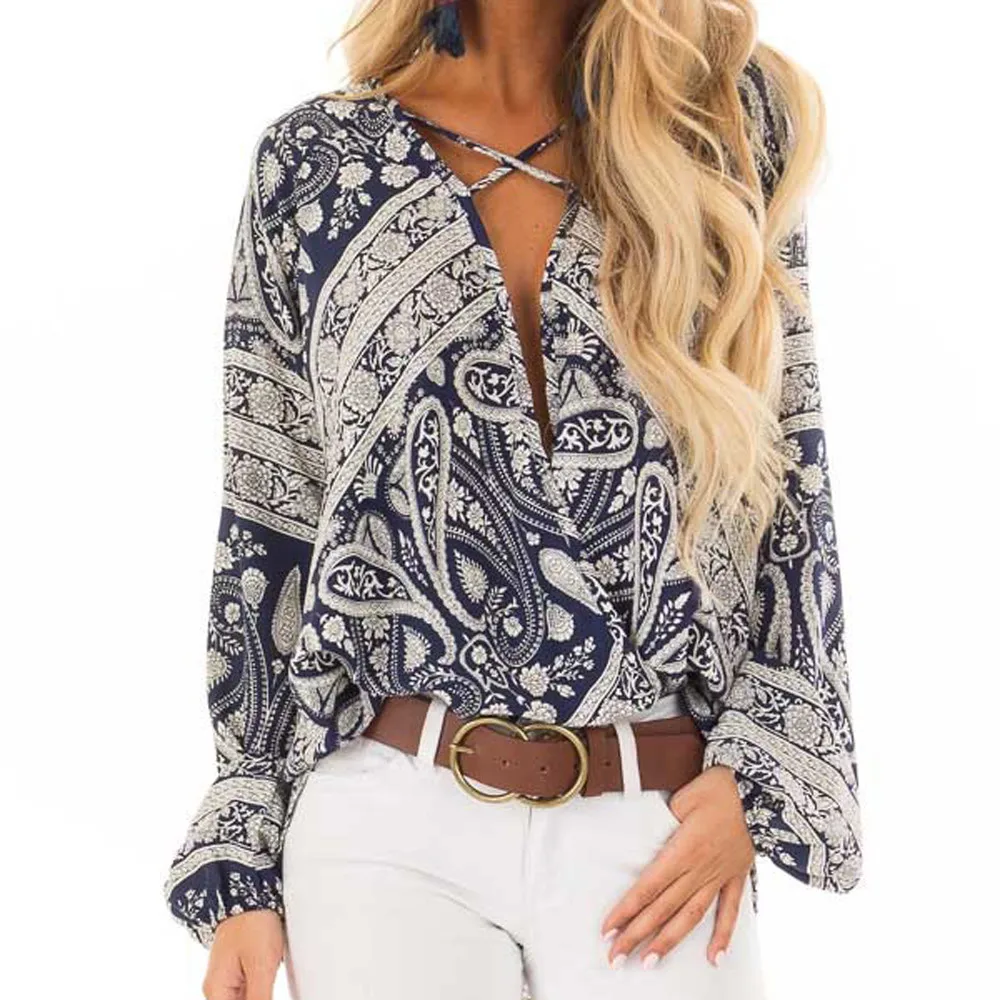 Las mujeres imprimir blusas Sexy de verano 2019 Tops señoras con cuello en V y manga larga Blusa de gasa camisa Femininas vestido Ropa de mujer Las mujeres imprimir blusas Sexy de verano 2019 Tops señoras con cuello en V y manga larga Blusa de gasa camisa Femininas vestido Ropa de mujer