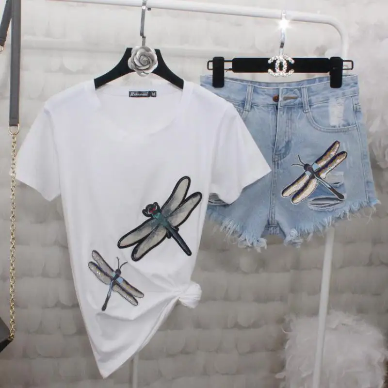 Zuolunouba الصيف الأزياء اليعسوب الترتر التطريز تيز قمم الإناث المد عالية الشارع محبوك قصيرة الأكمام النساء تي شيرت Zuolunouba الصيف الأزياء اليعسوب الترتر التطريز تيز قمم الإناث المد عالية الشارع محبوك قصيرة الأكمام النساء تي شيرت