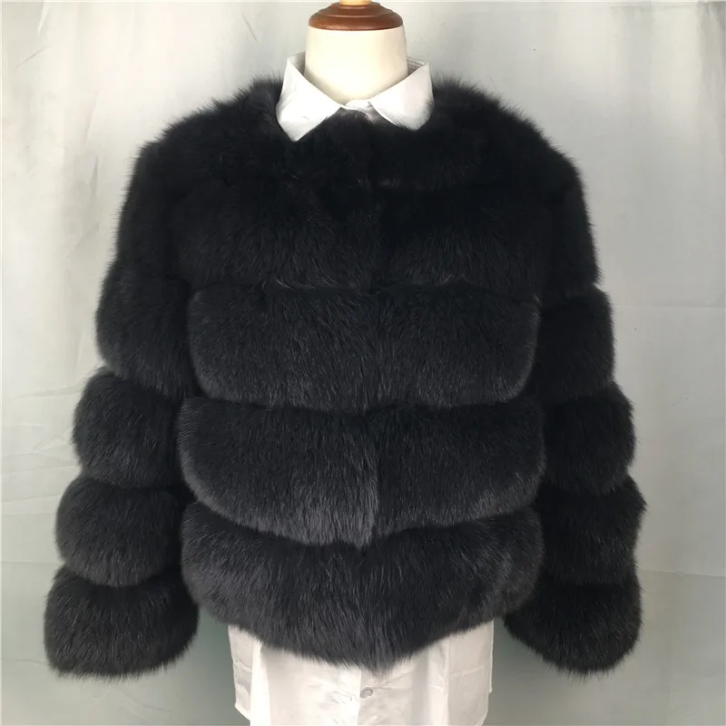 Dark Grey Женская теплая шуба из натурального Лисьего меха, короткая тонкая зимняя куртка из натурального меха, модная верхняя одежда, роскошное пальто из натурального Лисьего меха для девочек, FC-034 - Цвет: Dark Grey