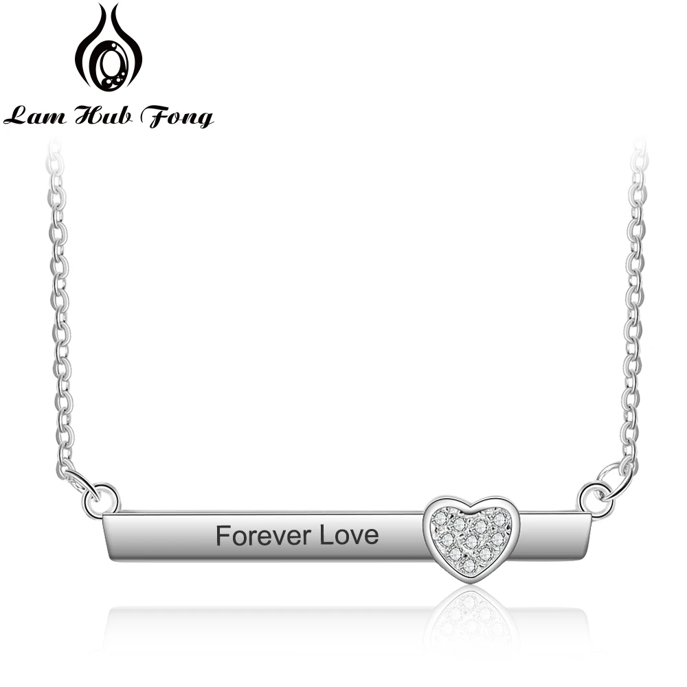 

Personalized 925 Sterling Silver Name Bar Necklace Engraved Name Necklace Zircon Heart Nameplate Anniversary Gift (Lam Hub Fong)