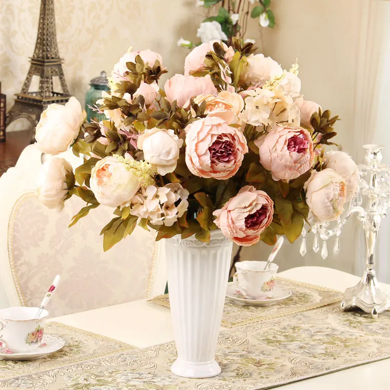 

13 Heads/Bouquet Festival Artificial Flowers Silk Flower European Fall Vivid Peony Fake Leaf Wedding Home Party Decoration