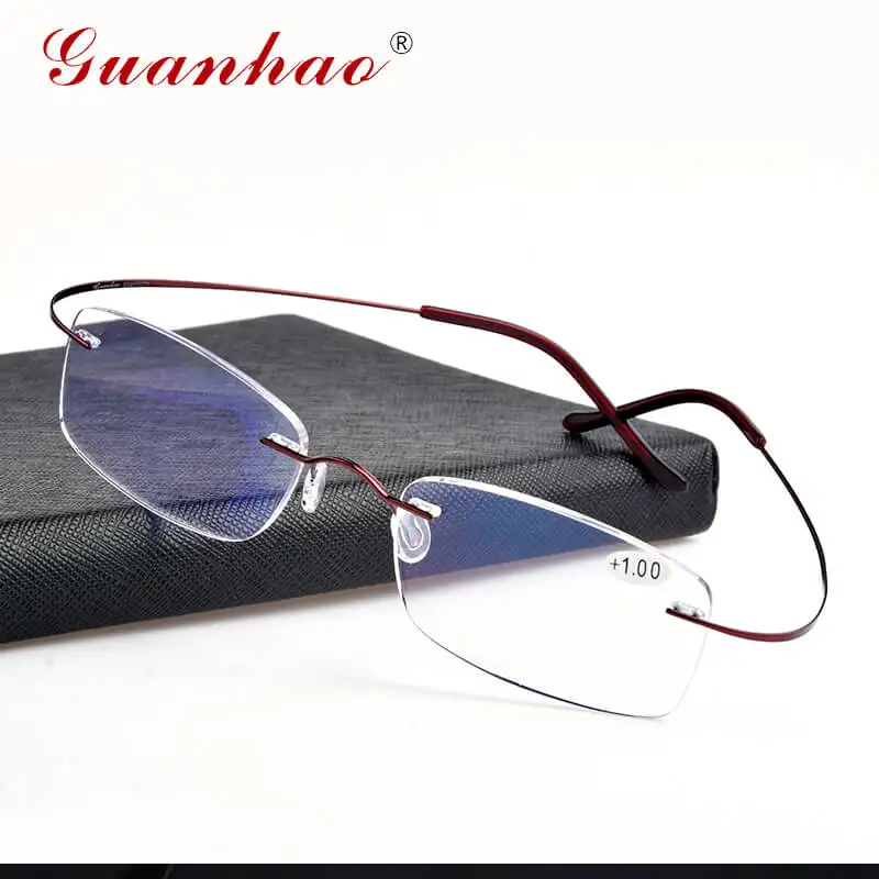 Goede Guanhao Titanium Anti Blauw Licht Ray Ultralight Leesbril Man Vrouwen Randloze Rechthoek Bril Vintage Computer Bril