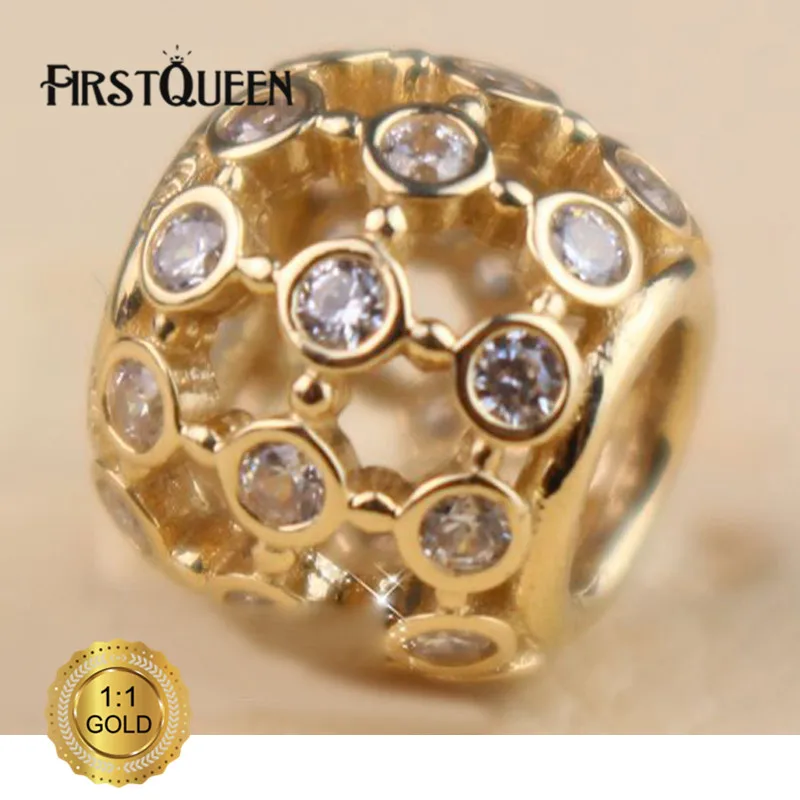 

FirstQueen 14k Gold Openwork Pave Flower Charm Fit Original Bracelets Bangles Authentic Jewelry Gift Fine Jewelry