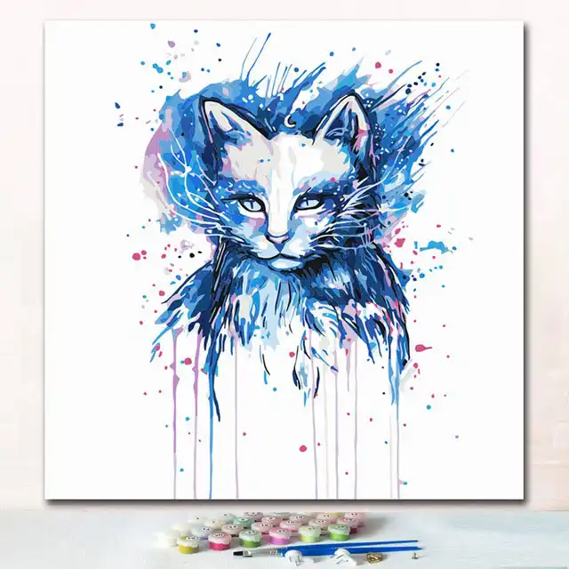Tete De Chat Coloree A L Encre Aquarelle Peinture Par Numeros Avec Couleurs Pour Peintures Numeriques Couleur Sur Toile Pour Enfants Aliexpress