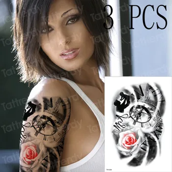 

3pcs/lot Waterproof Temporary Tattoos Stickers Black clock flowers Tattoo Flash Water Transfer Tattoos fake tattoo for women men