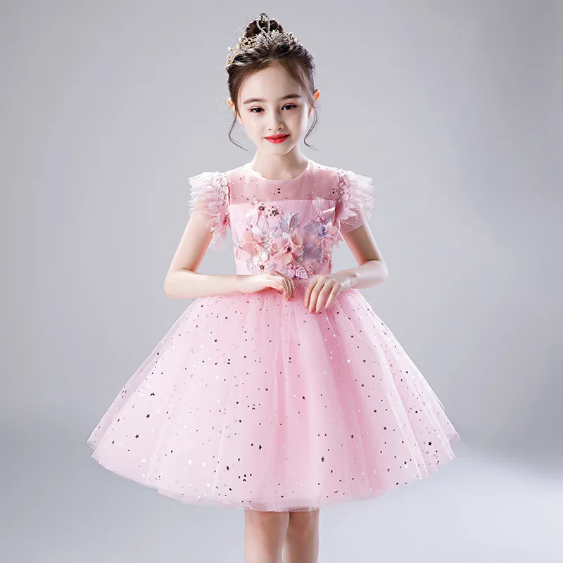 Stars Sequined Flower Wedding Birthday Evening Gowns Appliques Ball Gown Dress