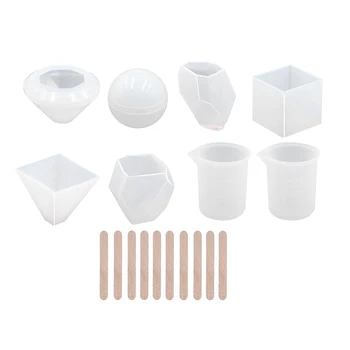 

18pcs Resin Casting Silicone Molds Clear DIY Jewelry Molds Epoxy Resin Ball Cubic Diamond Pyramid Stone Shape with Wood Stick