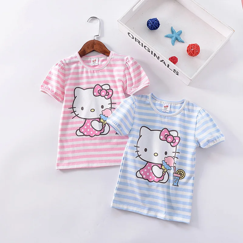 

100% Cotton Spring Fall Summer Striped Long Sleeve Hello Kitty T - Shirt Boys Girls Baby Sweater Girl T Shirt Children Top Tees
