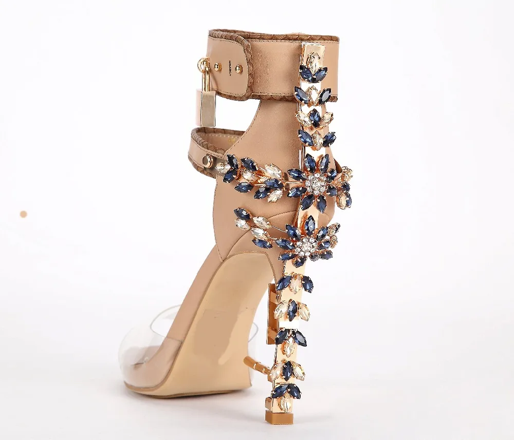 Luxury Shoes Women Designers Gemstone Jeweled Gladiator Sandals Transparent PVC Patchwork Padlock Ankle Strap High Heels Shoes